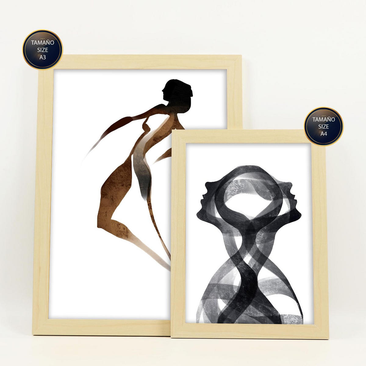 POSTER Set Mit 6 Body Virtue 2 in abstrakten Liebhabern Größe A3 & A4 Rahmen aus hellem Holz - Beige, Papier (29.7/1cm) - Nacnic