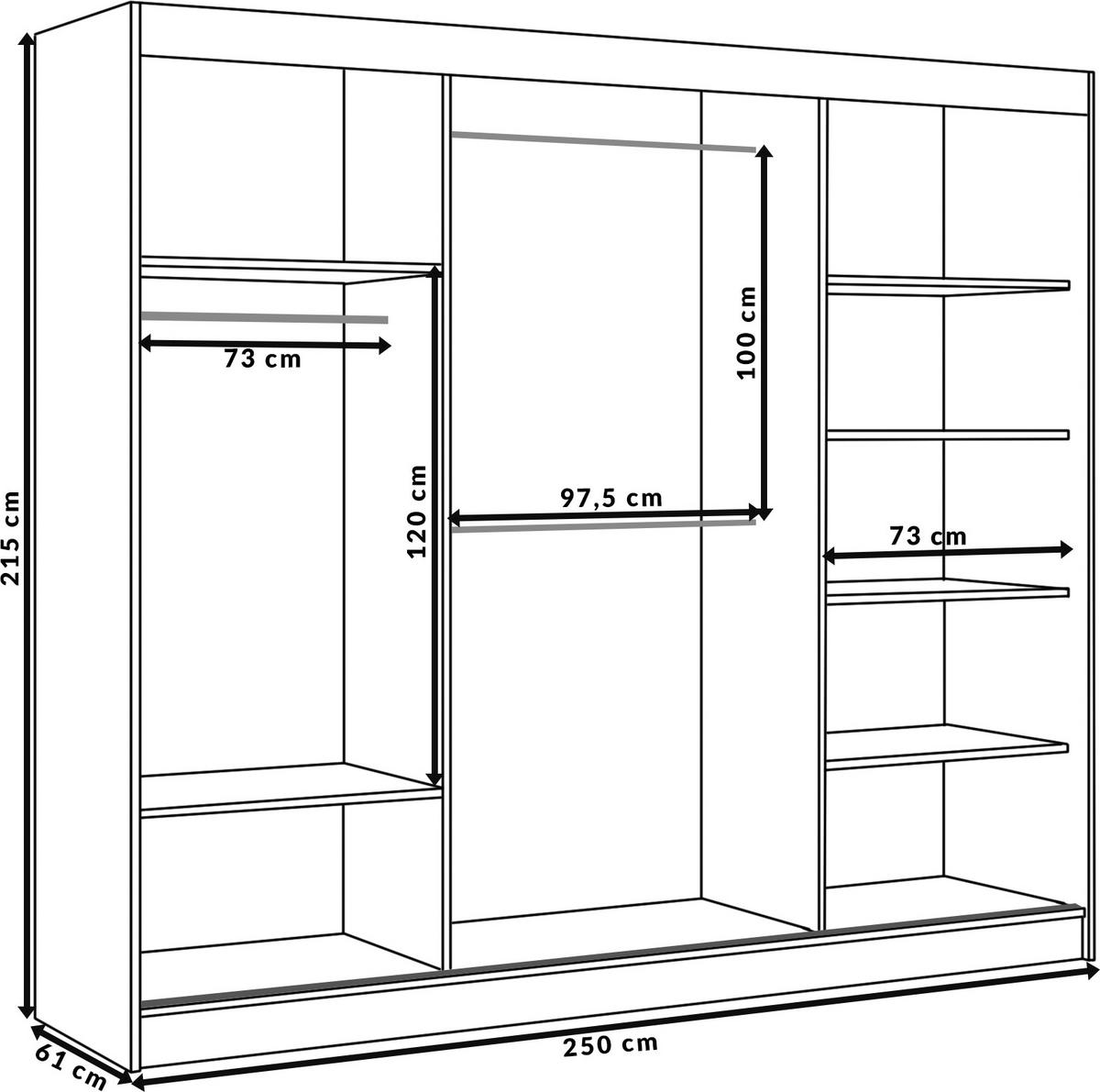 SCHWEBETÜRENSCHRANK Lili 250 cm mit Lamellen 3-türig, schwarz, Lamelle wotan - Eiche Wotan/Schwarz, Kunststoff (250/215/61cm) - Margaret Hadas24