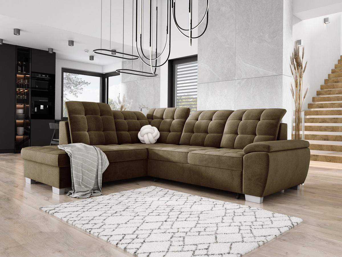 ECKSOFA LOTTA SALVADOR Bettkasten verstellbare Kopfstützen hochwertige Verarbeitung lose Rückenkissen freistehend LINKS 212x258x106 cm Olive green - Olivgrün, Holz/Textil (212/258cm) - DomoHome