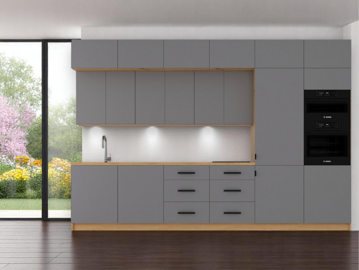 KÜCHENZEILE 360 cm - Langen K72-M360 R in Beige/Matt - Beige/Schwarz, Holz/Metall (360/248/58cm)