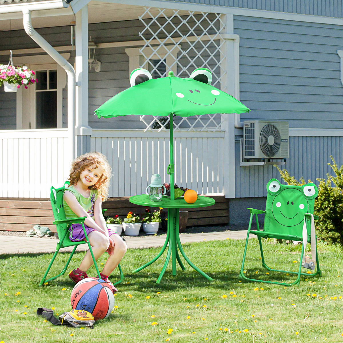KINDERSITZGRUPPE DE-17546 Frosch-Design mit Sonnenschirm Grün - Grün, Metall (50/46/50cm) - ComfortXL