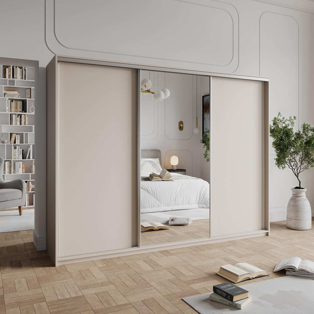 SCHWEBETÜRENSCHRANK TAVI 250/205/60 cm 3-türig mit Spiegel und Schubladen Kaschmir - Kaschmir/Nickelfarben, Holzwerkstoff (250/205/60cm) - MASSENO