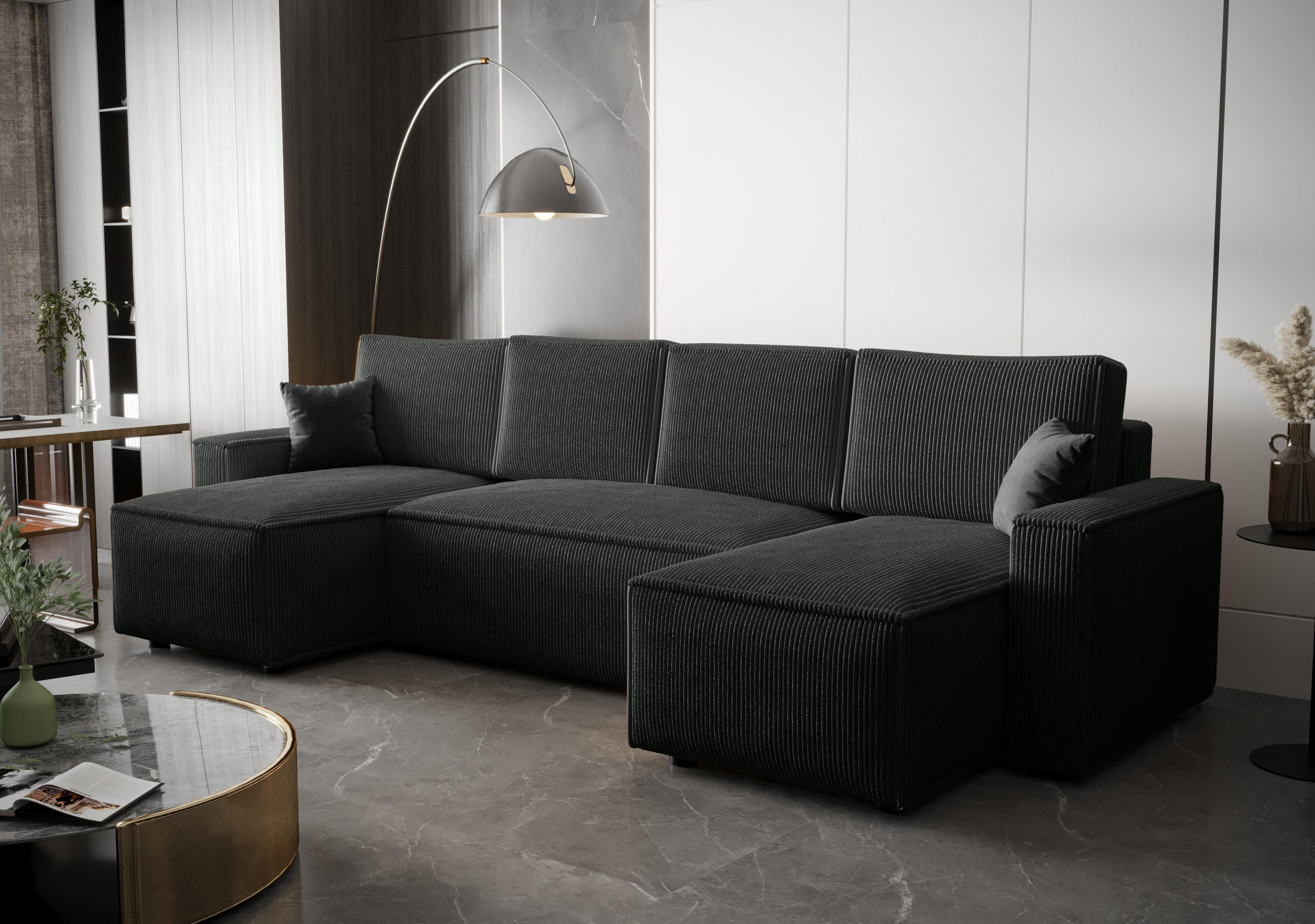 WOHNLANDSCHAFT U AMBRO Poso 34 mit Schlaffunktion U-Form, Sofa mit Stauraum - Graphitfarben, Textil (300/85/143cm) - Bedante