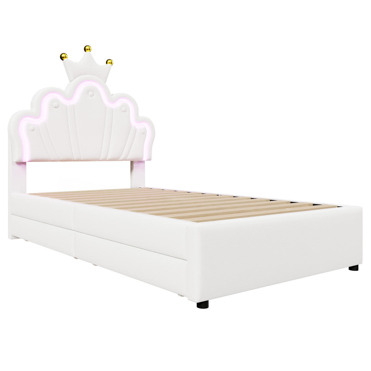 POLSTERBETT 90x200cm Weiß PU Fernbedienung Kronenform 2 Schubladen - Weiß, Holz (90/200cm) - FLIEKS