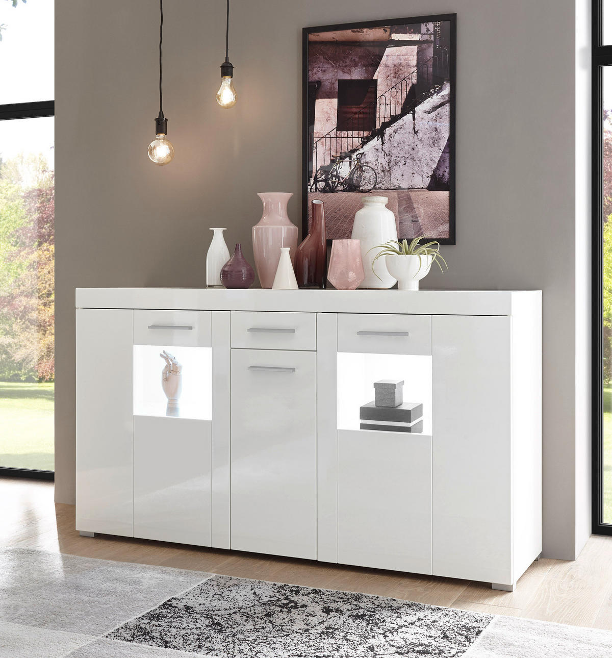 SIDEBOARD weiß Hochglanz 144 x 82 cm, Kommode 3-türig - Chromfarben/Weiß Hochglanz, Glas/Holzwerkstoff (144/82/40cm) - Furn.Design