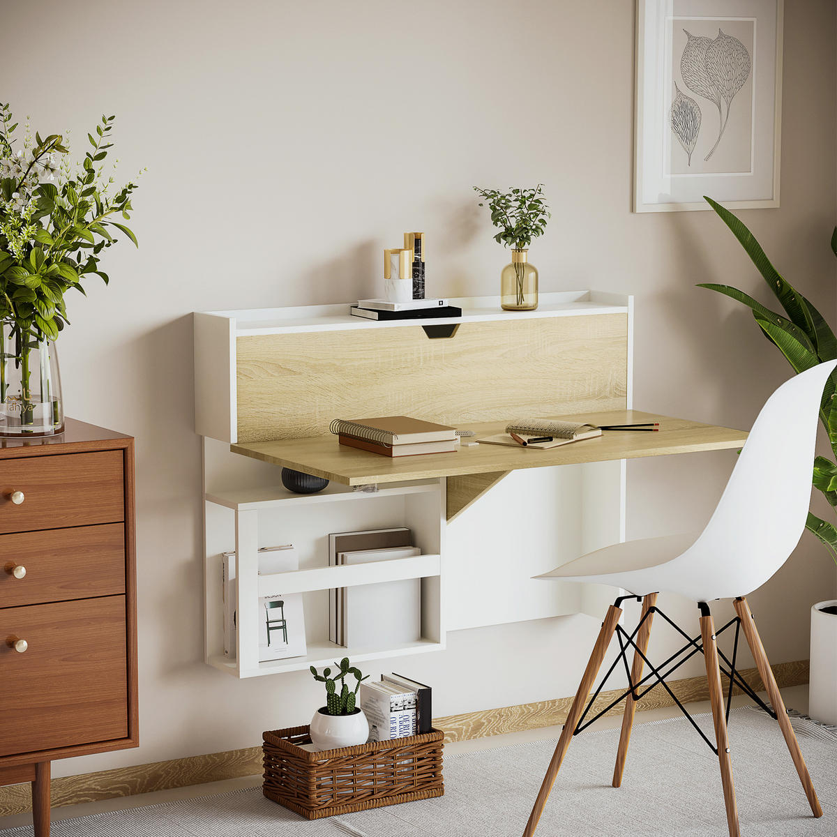 SCHREIBTISCH DE-14906 klappbar mit Schrank & Regal Naturholz - Naturfarben, Holzwerkstoff (100/18/74cm) - ComfortXL