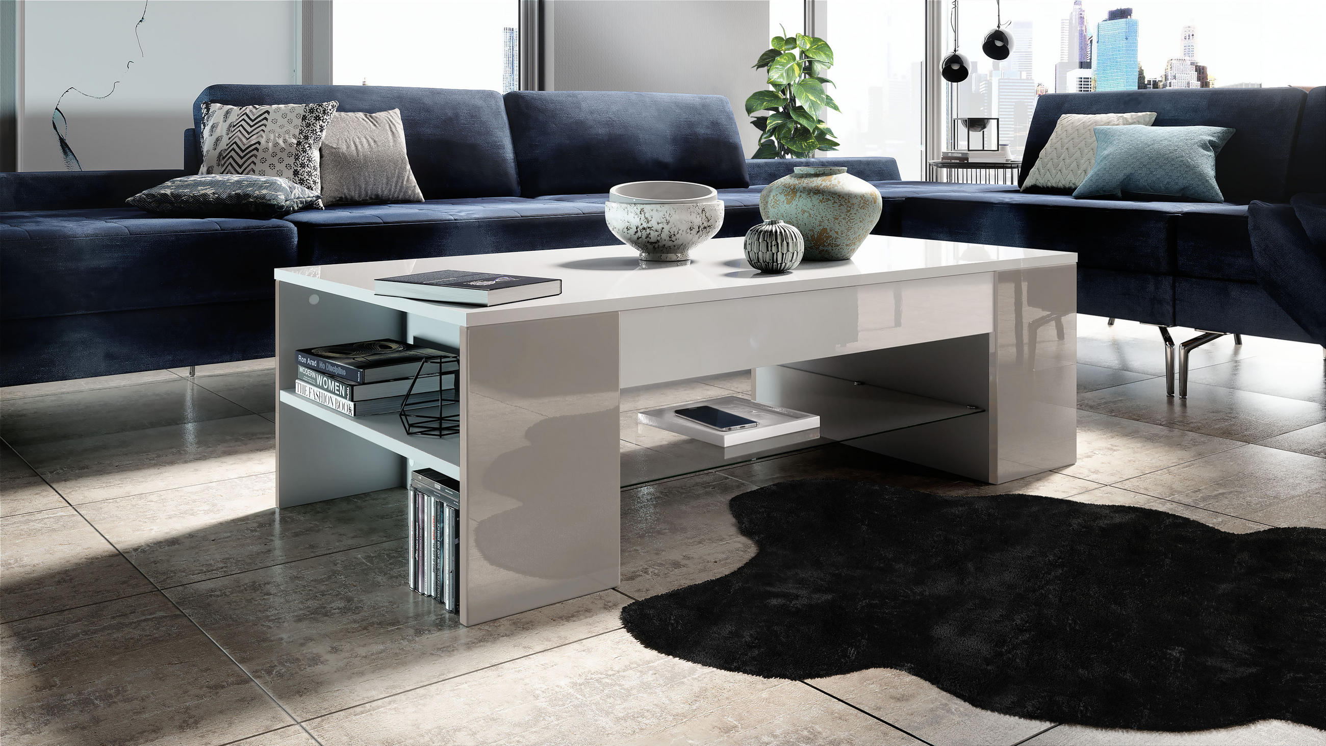COUCHTISCH Clip Blenden in Sandgrau Hochglanz - Sandfarben, Holzwerkstoff (60/118/37cm) - Vladon