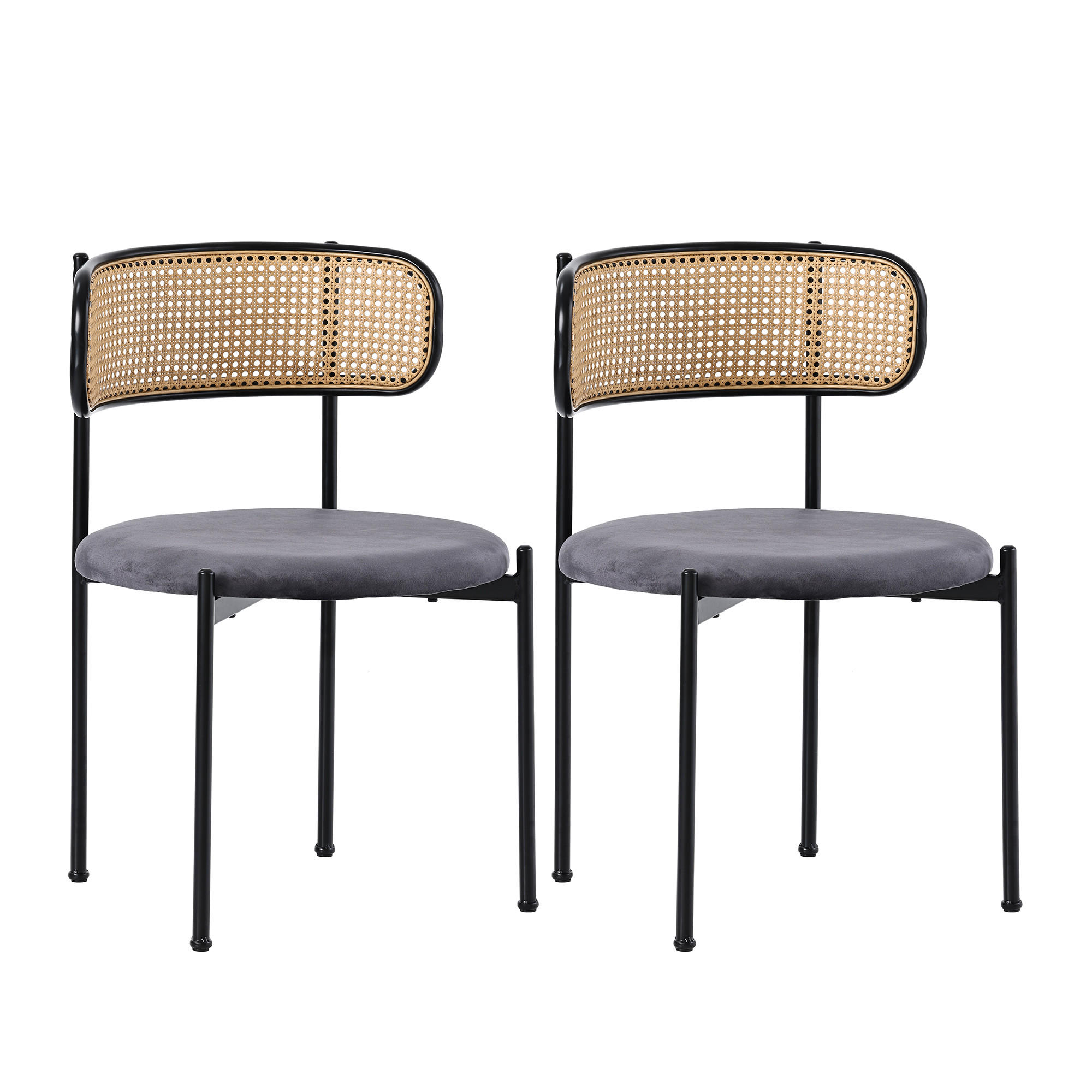 ESSZIMMERSTUHL 2er-Set Samt, Rattan-Rückenlehne, Metallbeine, Modern, Ergonomisch, Grau - Grau, Naturmaterialien/Textil (51/75/55cm) - Urban Meuble
