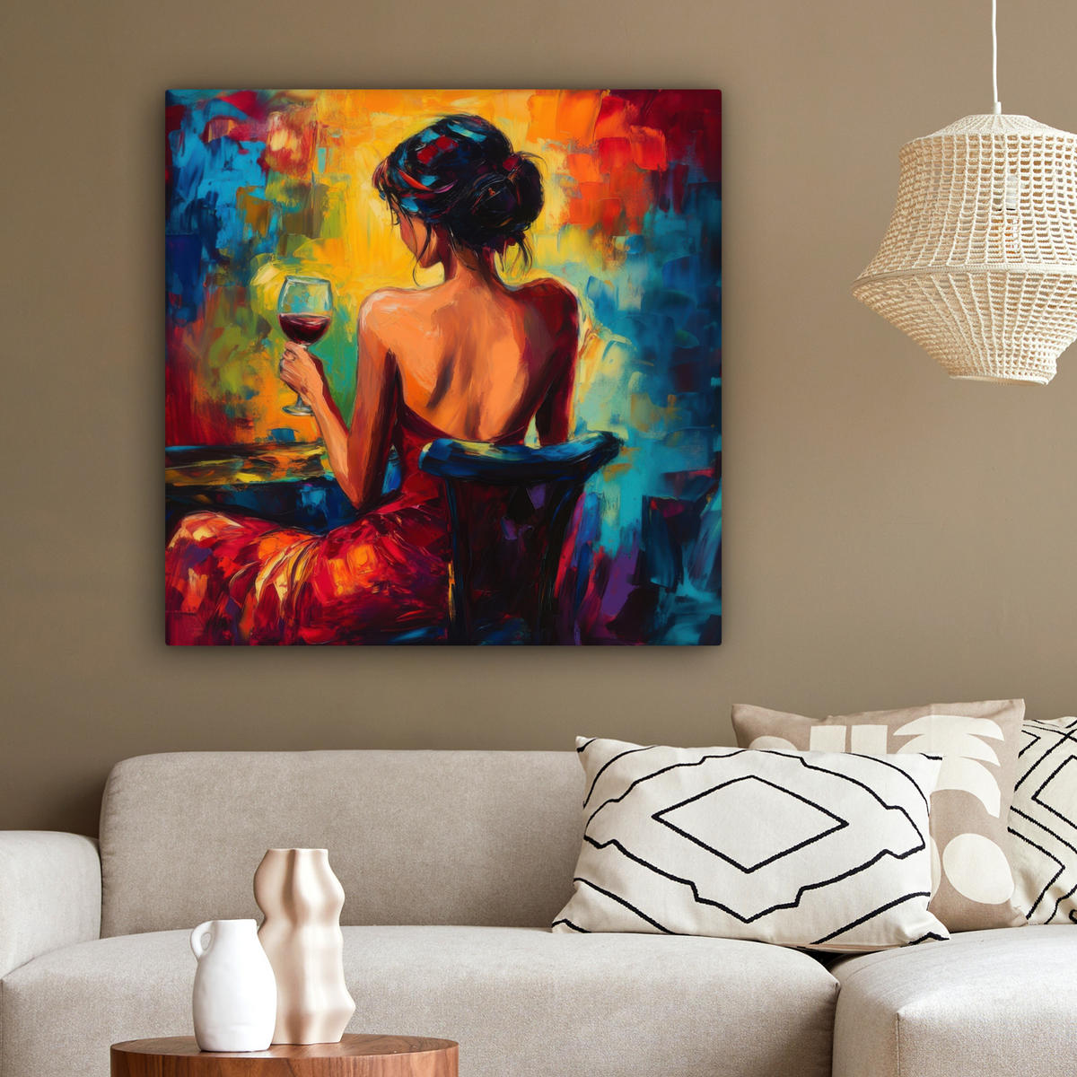 LEINWANDBILD Wein - Frau - Stimmungsvoll - Farbenfroh 90x90 cm - Bordeaux, Textil (90/90cm) - MuchoWow