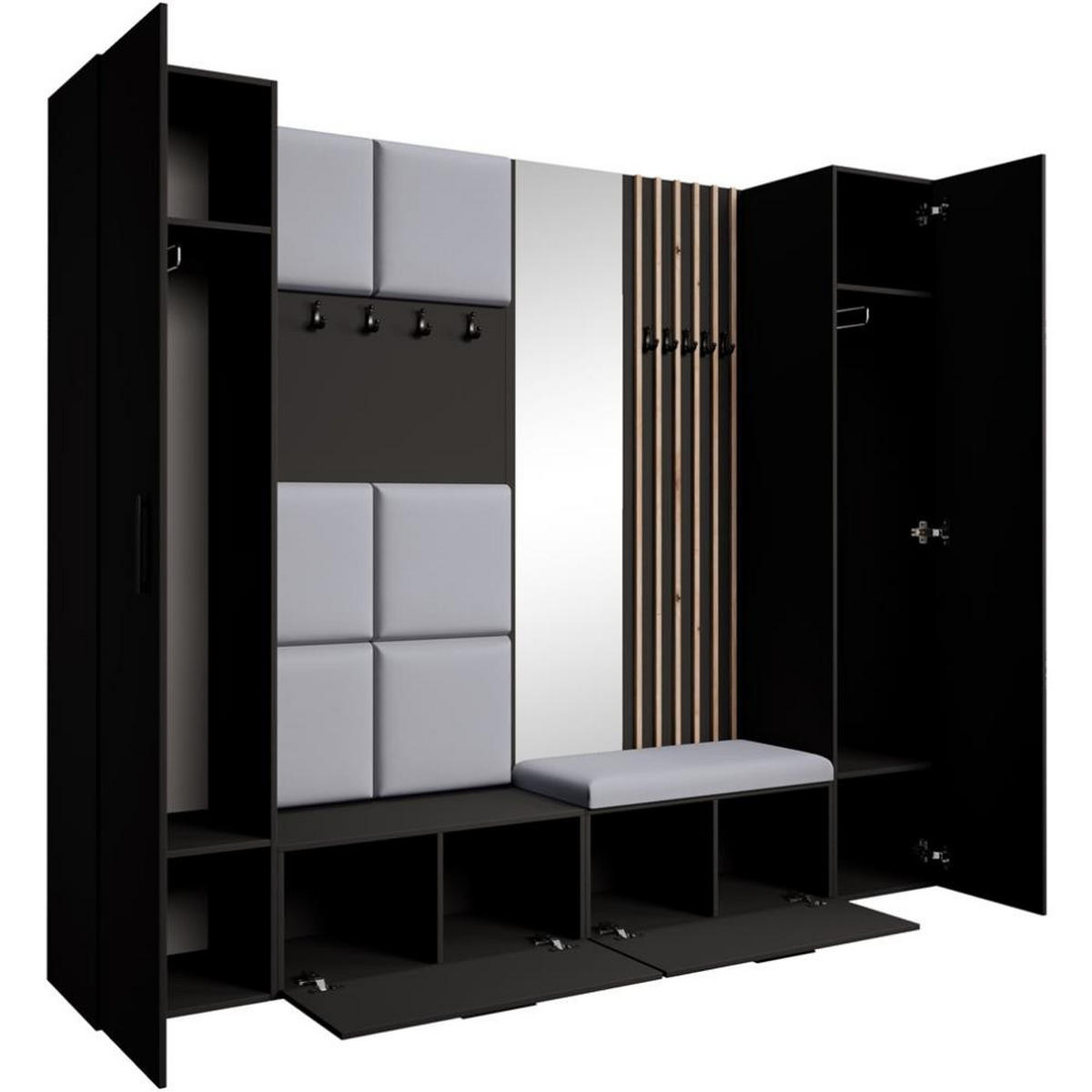 GARDEROBE Margaret XL 242/203/43 mit gepolsterten Paneelen/Lamellen/Spiegel - Schwarz/Grau, Holzwerkstoff/Kunststoff (242/203/43cm) - Beautysofa