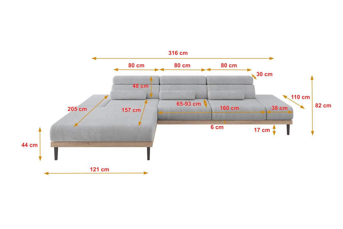 ELEKTRISCHES ECKSOFA Links MONA 316x205x85 Grau Cord - Schieferfarben/Grau, Holzwerkstoff/Textil (316/205cm) - ALTDECOR
