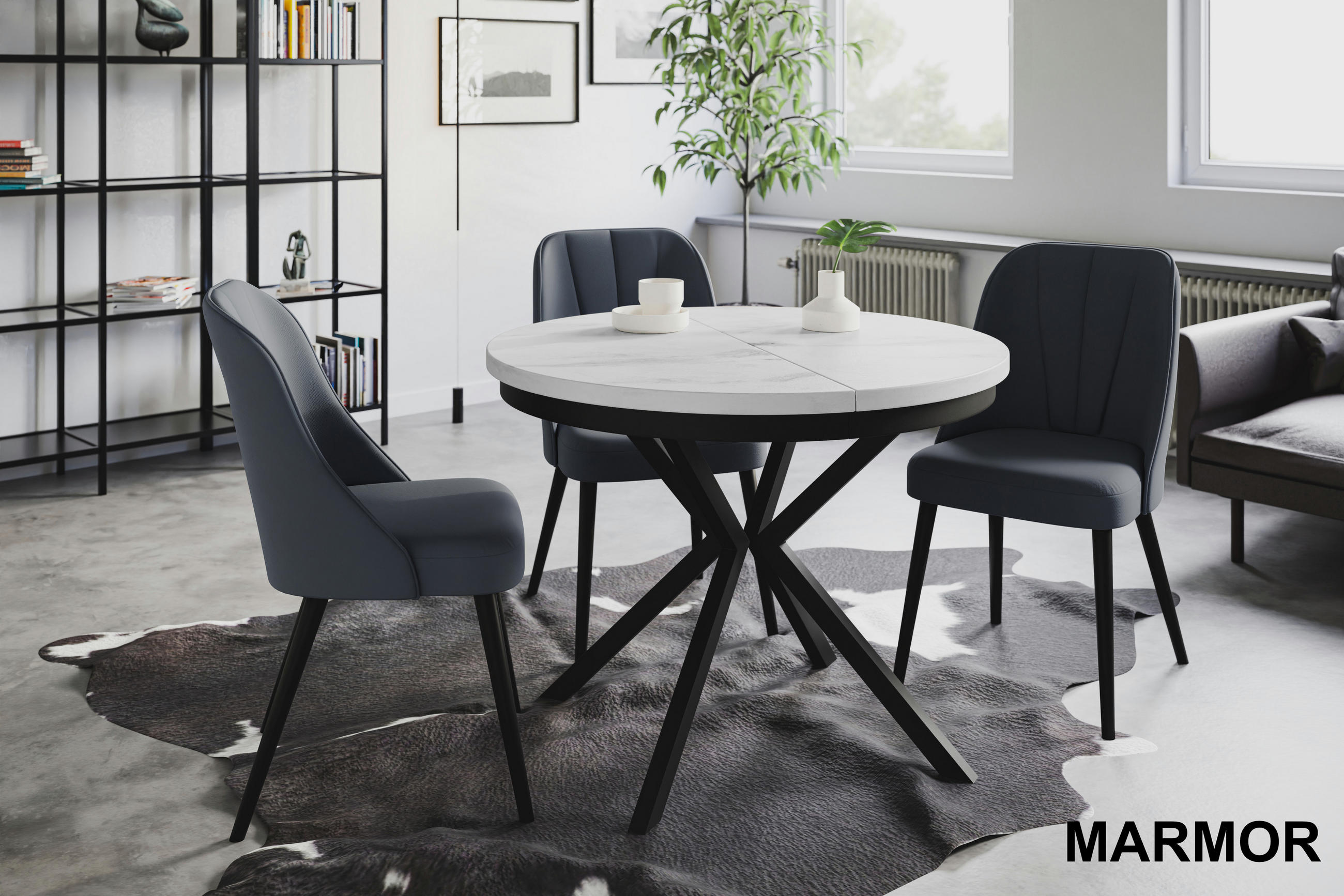 ESSZIMMERTISCH BERGO, ausziehbarer Tisch 90 cm/170 cm, Farbe: Marmur, mit Metallbeinen in Farbe Schwarz - Hellgrau/Schwarz, Holzwerkstoff (90/90/76cm) - Alpi-Möbel