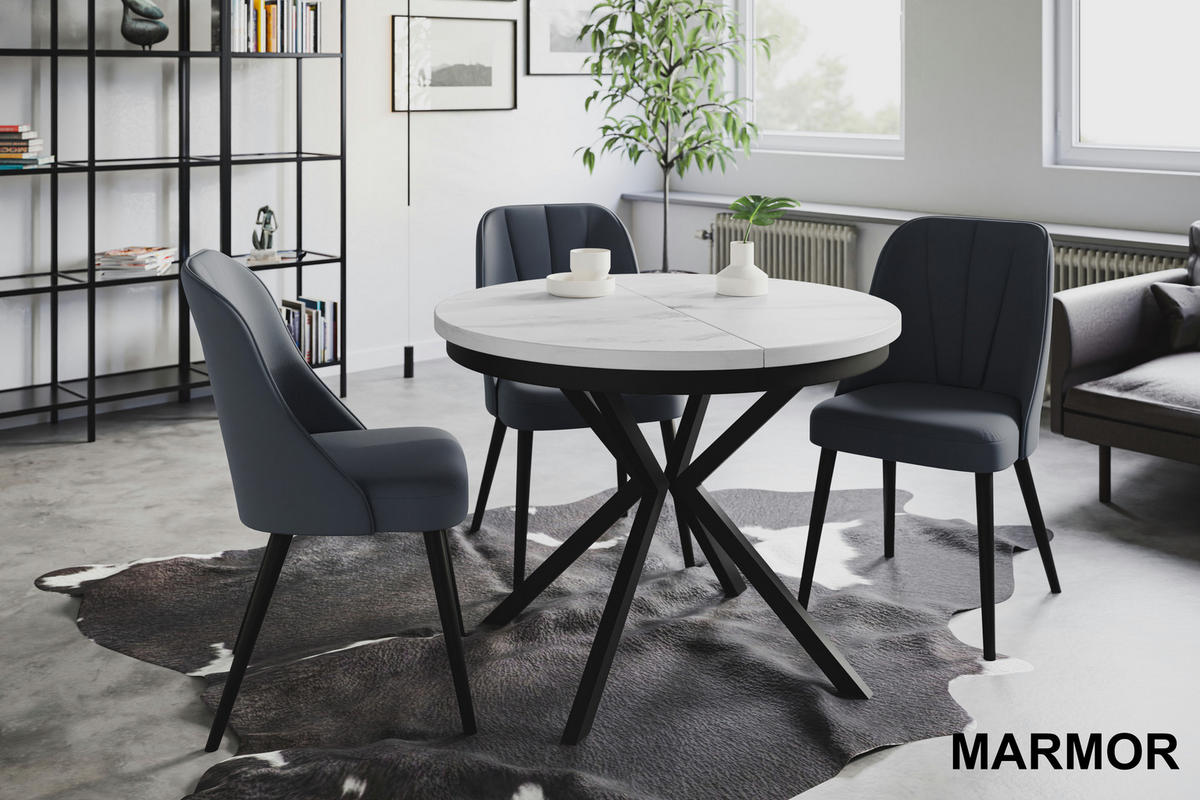 ESSZIMMERTISCH BERGO, ausziehbarer Tisch 90 cm/170 cm, Farbe: Marmur, mit Metallbeinen in Farbe Schwarz - Hellgrau/Schwarz, Holzwerkstoff (90/90/76cm) - Alpi-Möbel