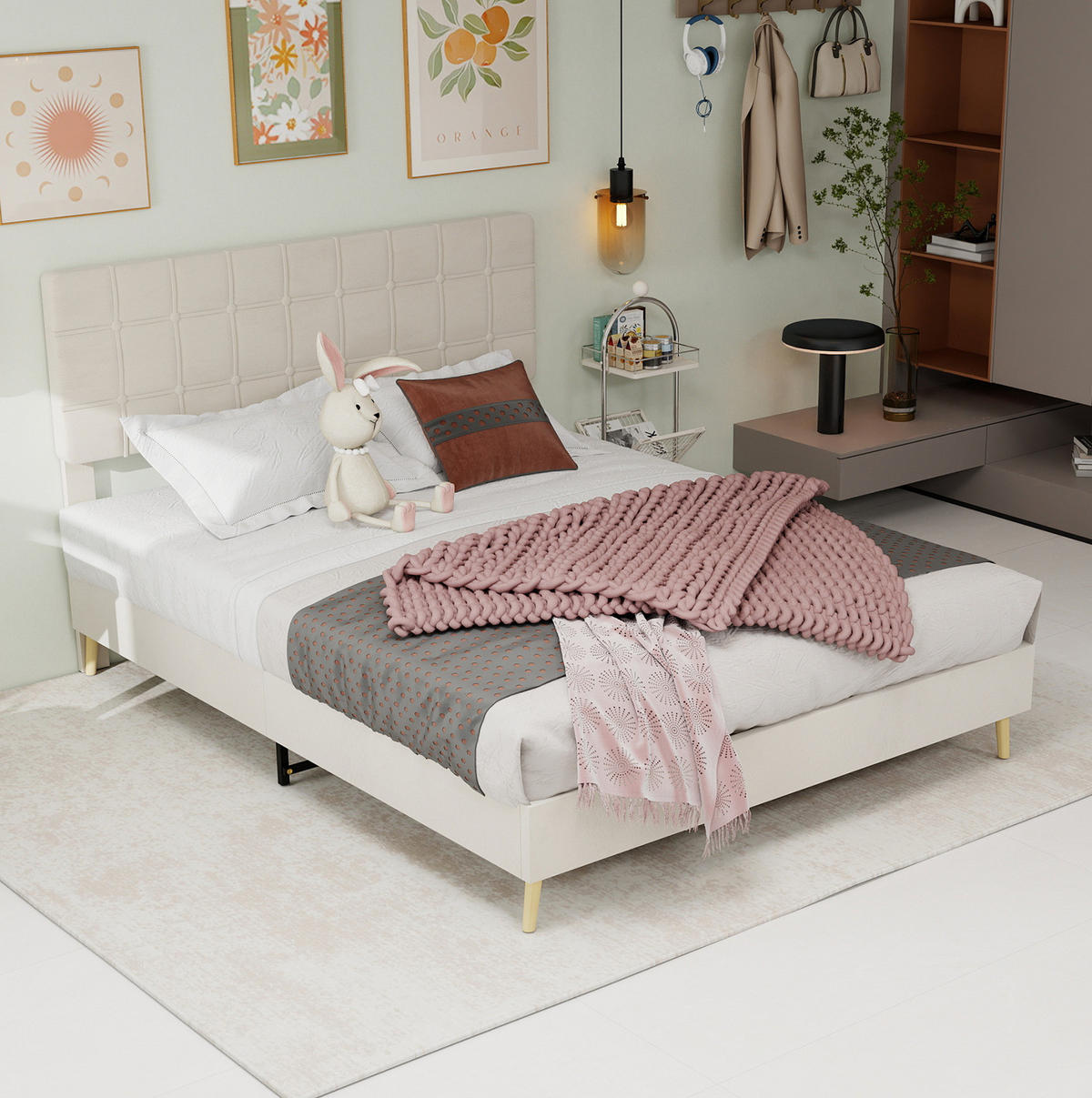 ČALOUNĚNÁ postel 140/200 cm béžová z veluru s prošívaným čelem a dřevěnými nohami - béžová, textil (140/200cm) - OKWISH