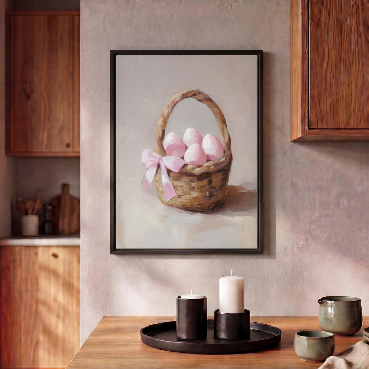 LEINWAND Bilder mit Rahmen - Korb - Eier - Rosa - 30x40 - Beige, Textil (30/40cm) - MuchoWow