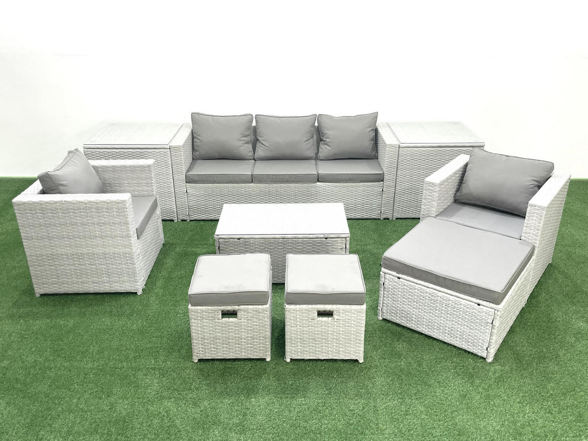 GARTENMÖBELSET mit 3-SITZER SOFA,COUCHTISCH Polyrattan Hellgrau-Mix 8-Sitzer - Hellgrau/Grau, Glas/Kunststoff - Fimous