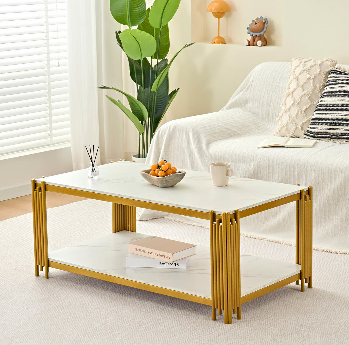 COUCHTISCH 114/64/46 cm in Gold und Weiß aus MDF und Metall mit 2 Ablagen - Weiß, Holzwerkstoff (114/64/46cm) - OKMYHOME