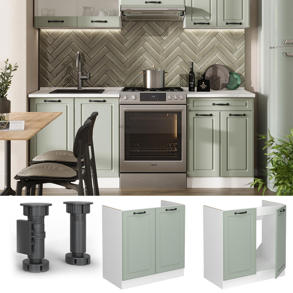 DULAP DE BAZĂ PENTRU CHIUVETĂ R-Line, Casă de țară Mint/Alb, 80 cm стільниця Антрацит - alb/verde mentă, compozit lemnos (80/81.6/60cm) - Vicco