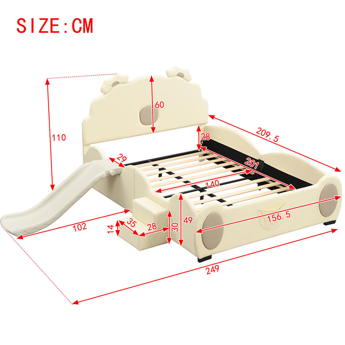 DĚTSKÁ postýlka z PU a MDF, 140/200 cm béžová, s medvídkem, skluzavkou a žebříkem - béžová, plast (140/200cm) - Modenvie