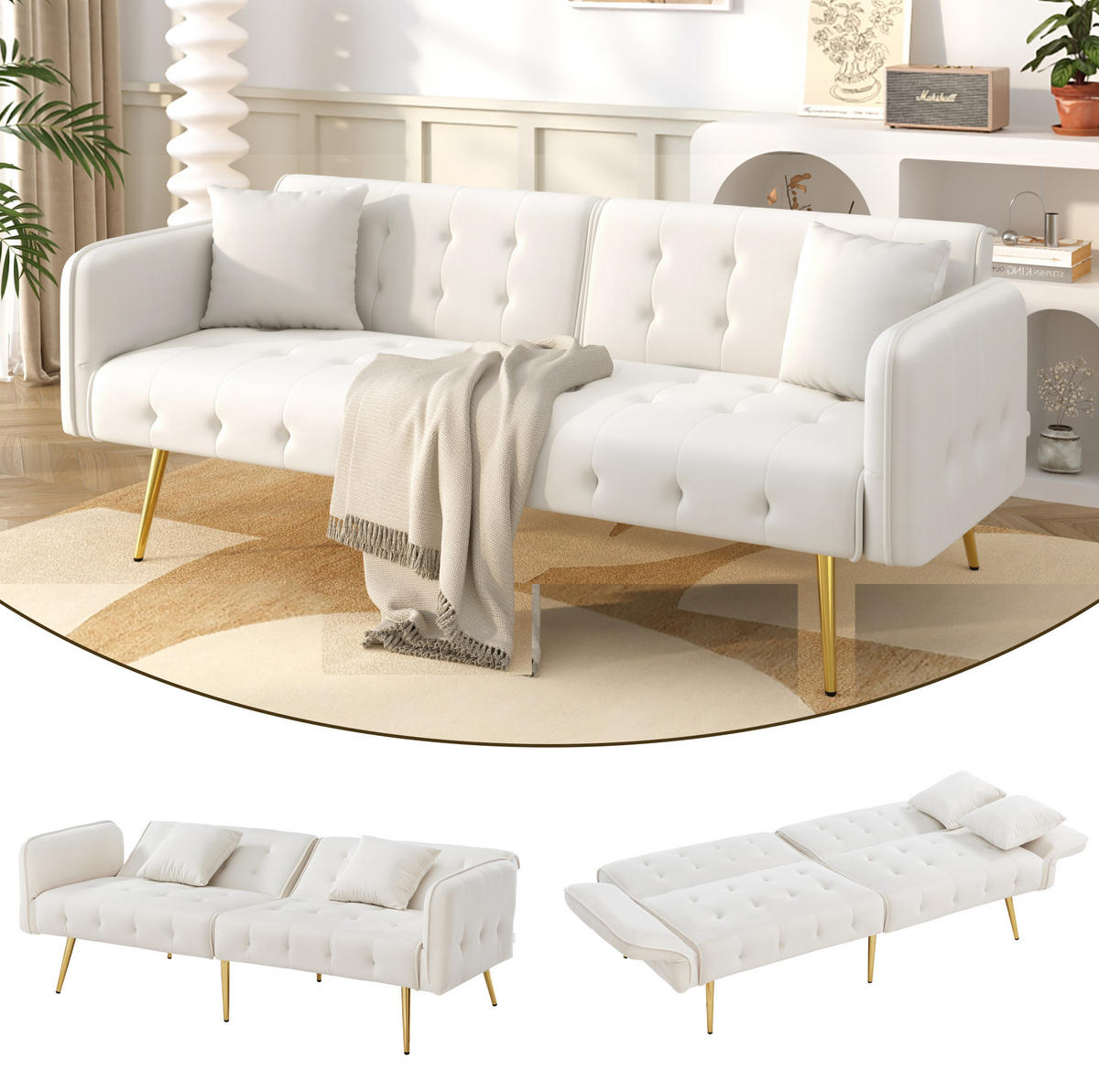 SOFABETT 2-in-1 215 x 81,5 cm Velours Ancient White - Weiß, Kunststoff (178/70/82cm) - Meubliv