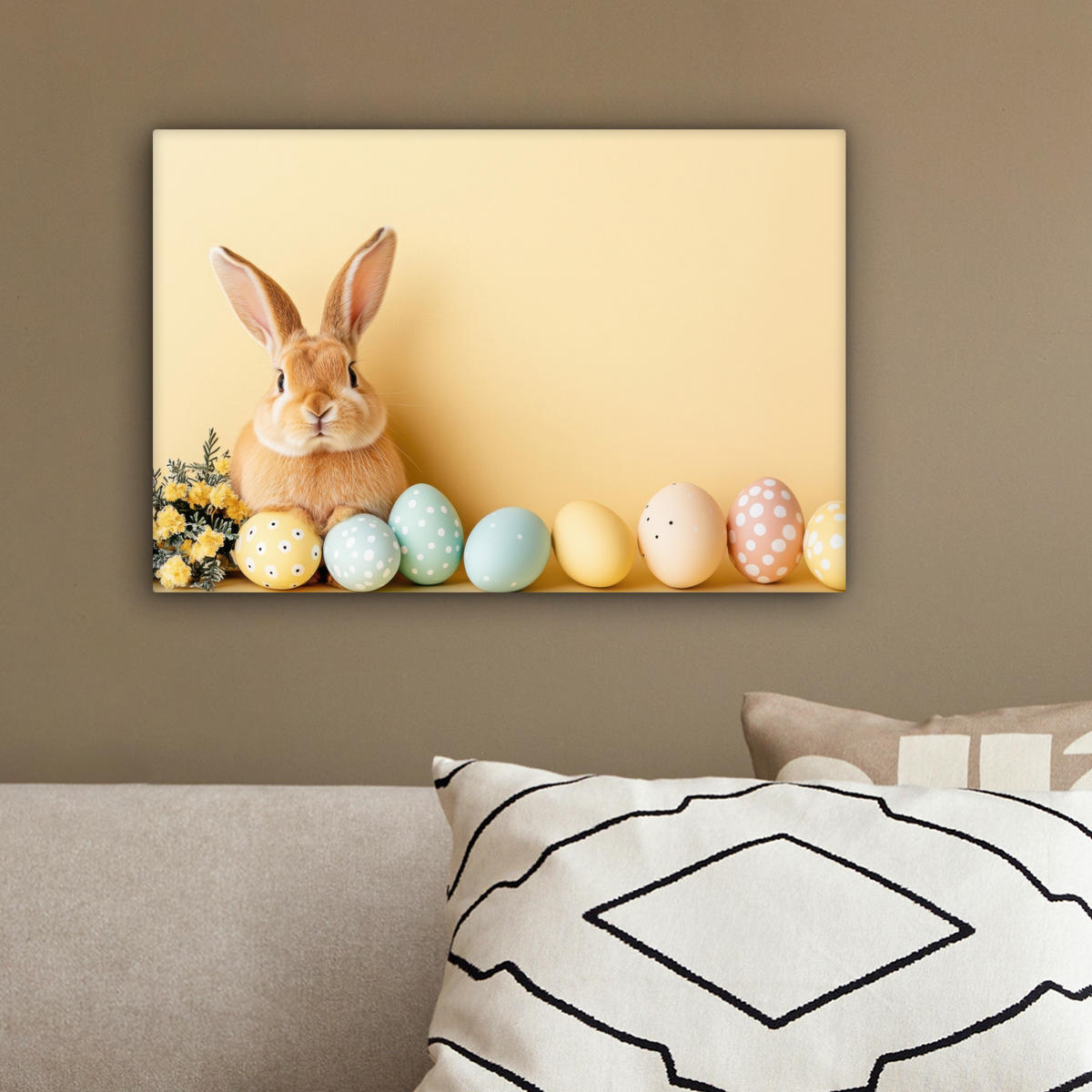 LEINWANDBILD Eier - Kaninchen - Pastellfarbtöne Deko Schlafzimmer 30x20 cm - Hellgelb, Textil (30/20cm) - MuchoWow