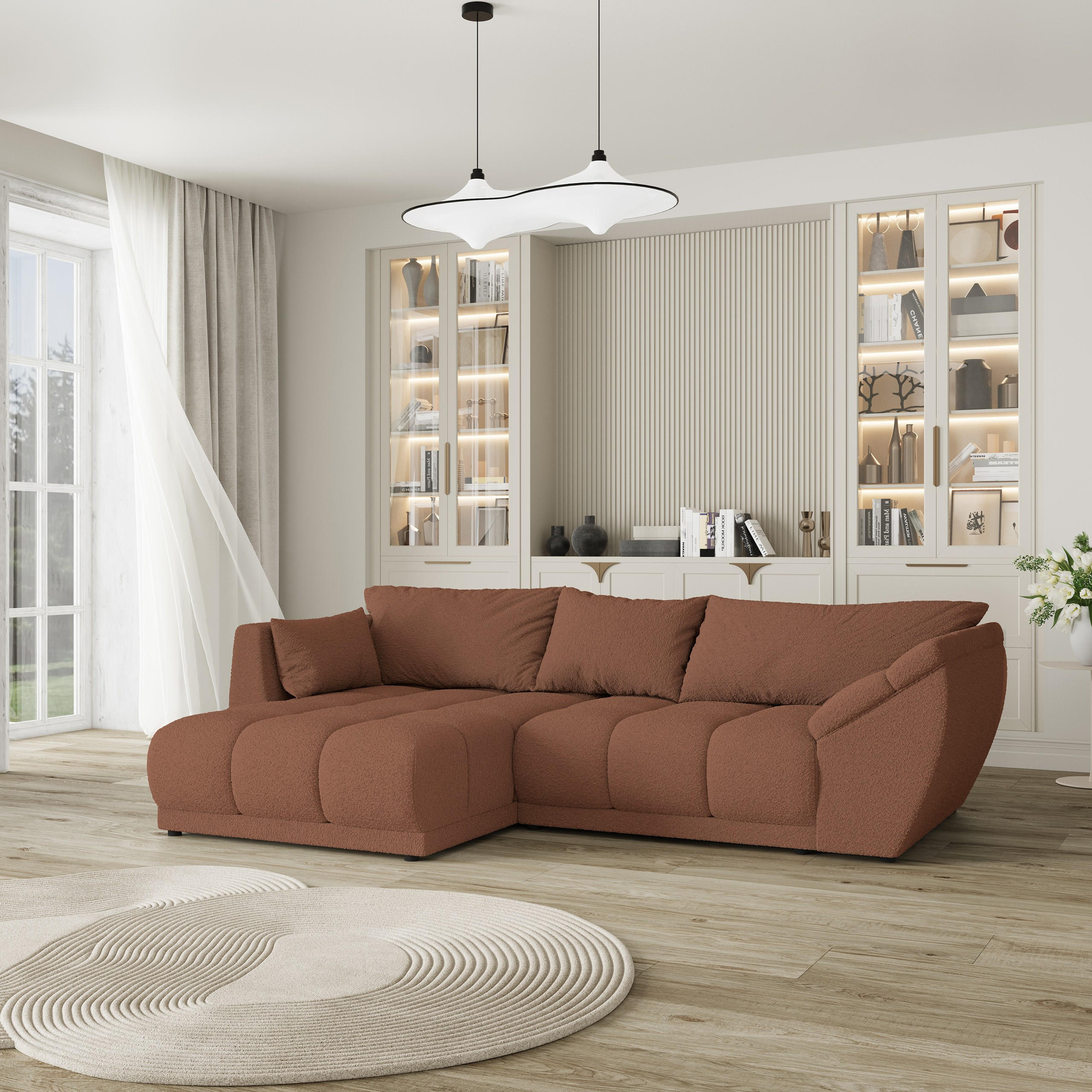 ECKSOFA ORENTI L-S Kupferfarben Boucle-Stoff mit Schlaffunktion - Kupferfarben, Holz (287/182cm) - MASSENO