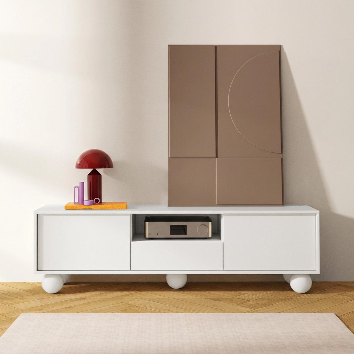 LOWBOARD Adel mit 2 Türen 1 Schublade und runden Füßen, 154 cm, Griffloss, Weiß - Weiß, Holzwerkstoff (154/46/38cm) - Beautysofa