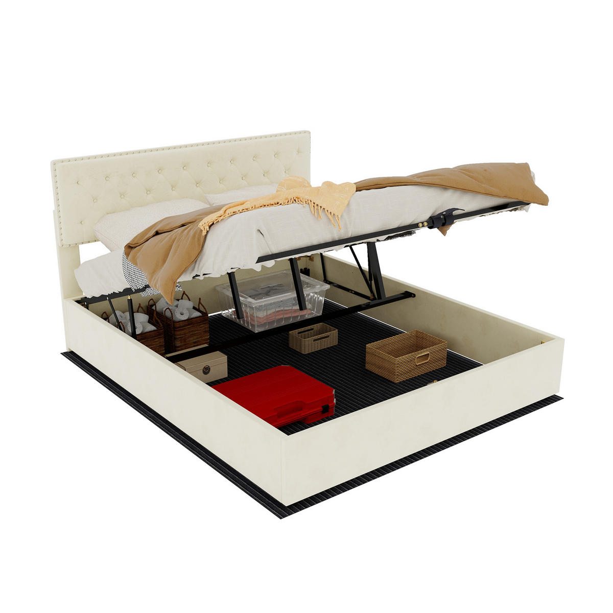 POLSTERBETT 160/200 mit Bettkasten, Hydraulikfunktion, Veloursbezug und weichem Kopfteil in Beige - Beige, Holzwerkstoff/Textil (160/200cm) - EVRYAE