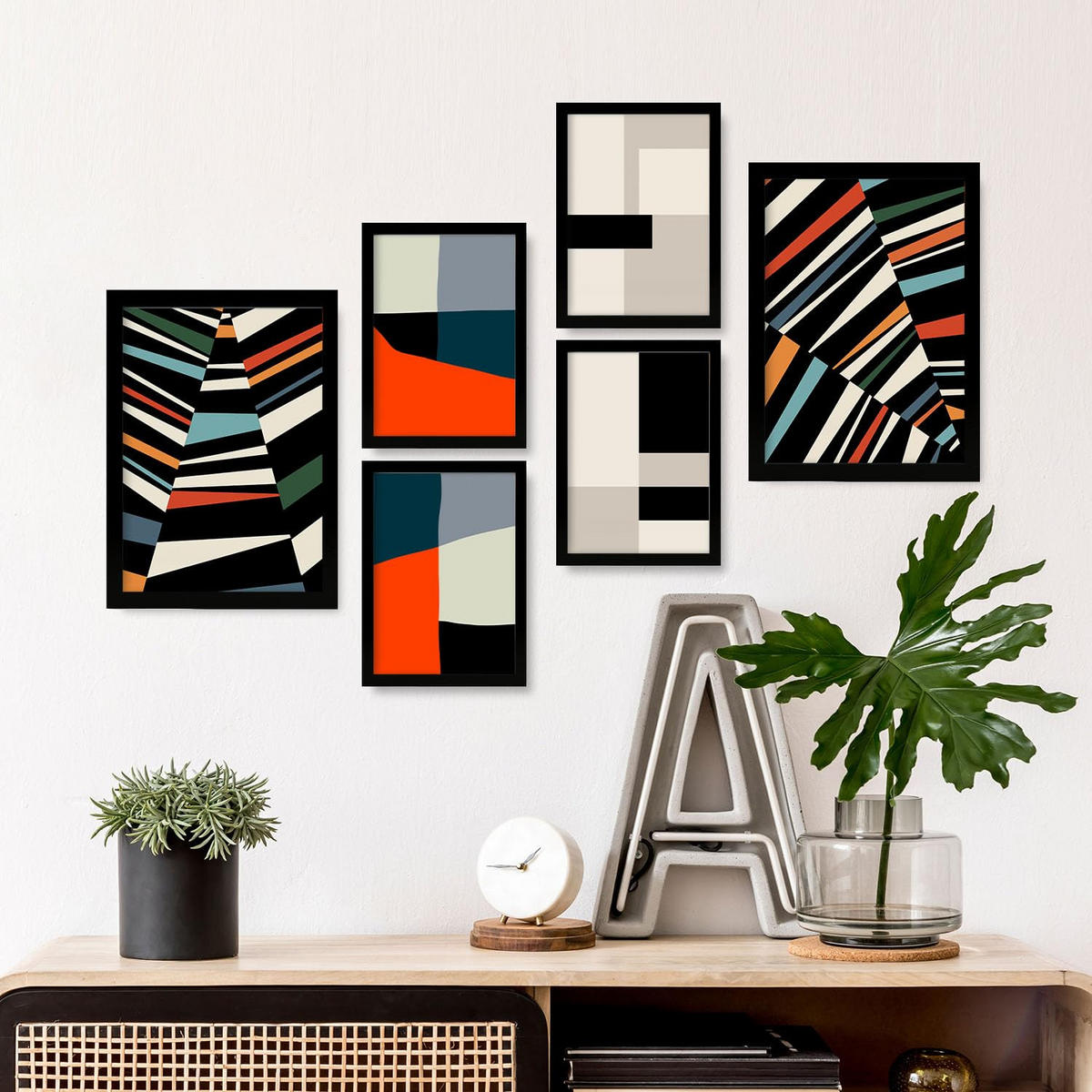 POSTER Set Mit 6 Pastiche Kunst In Form Abstracts Ästhetische Dekorative Gemälde Für Ihr Wohnzimmer, Schlafzimmer, Zuhause A3 & A4 Schwarzer Rahmen - Schwarz, Papier (29/3cm) - Nacnic