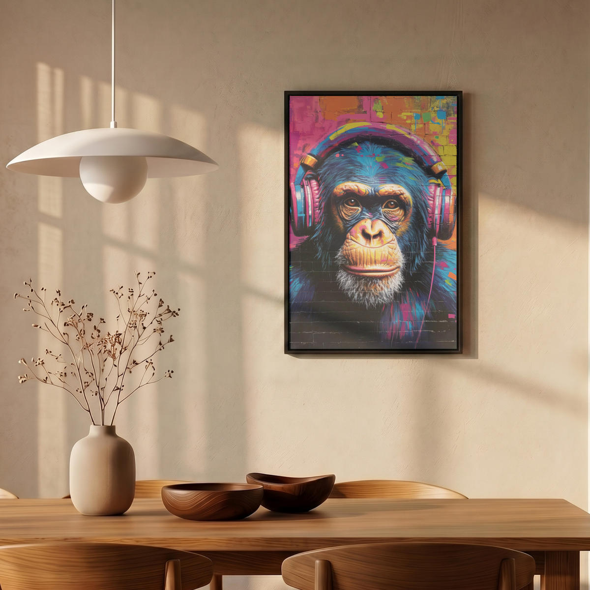LEINWAND Bilder mit Rahmen - Graffiti - Schimpanse - Straßenkunst - Kopfhörer - Affe - 40x60 - Blau, Textil (40/60cm) - MuchoWow