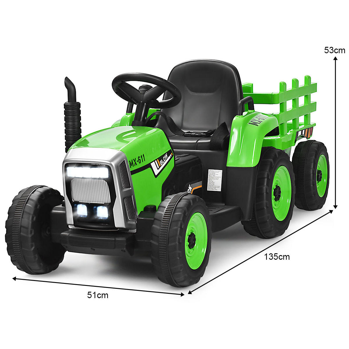 TRAKTOR 12 V 3-växlad grön - Grön, Plast (135/53/51cm) - COSTWAY