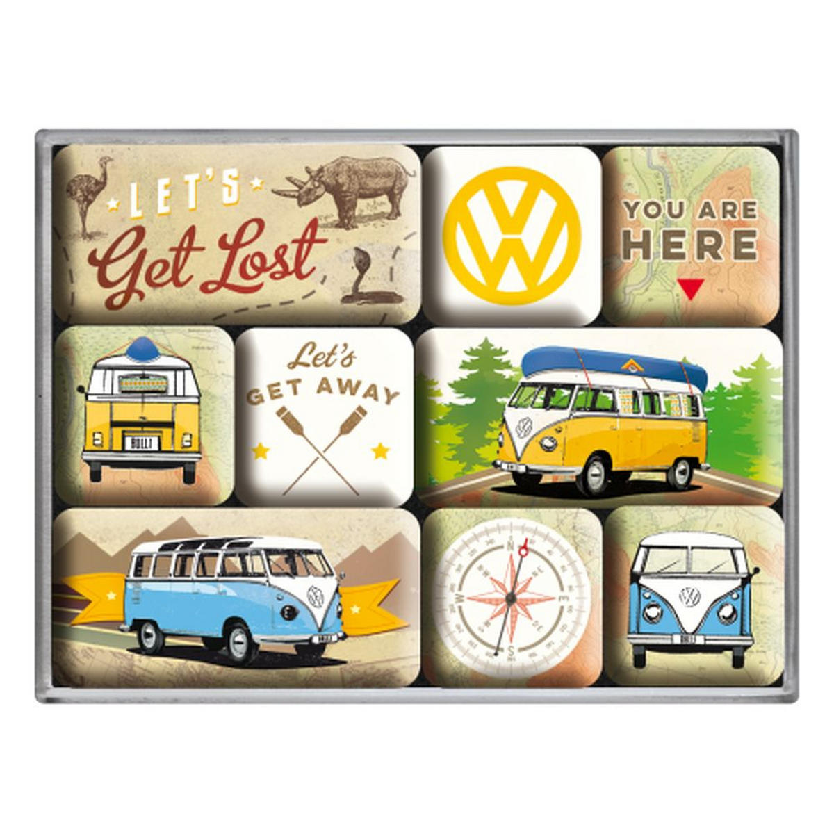 MAGNETSET 9-teilig Volkswagen VW Bulli Let's Get Lost - Multicolor, Metall (9/7/2cm) - Nostalgic-Art