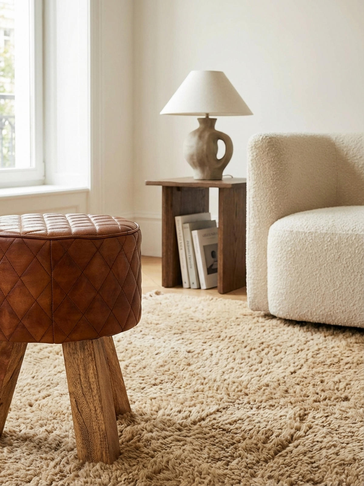 SITZHOCKER – Holz/Leder, 46 cm, Rautenmuster, Braun - Braun, Mangoholz/Leder (35/46/35cm) - KADIMA DESIGN