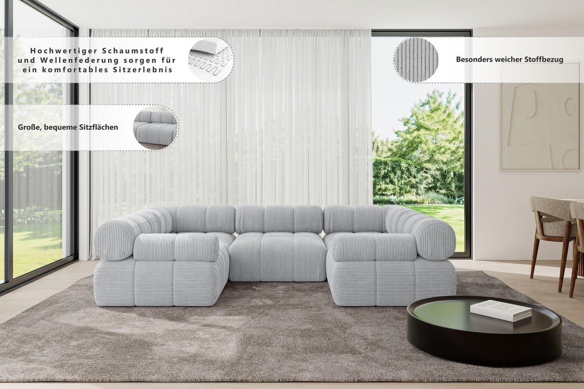 WOHNLANDSCHAFT modulares Sofa Birno-U1 - 285x190x70 cm Weiß Bouclé - Weiß, Holzwerkstoff/Textil (285/70/190cm) - ALTDECOR