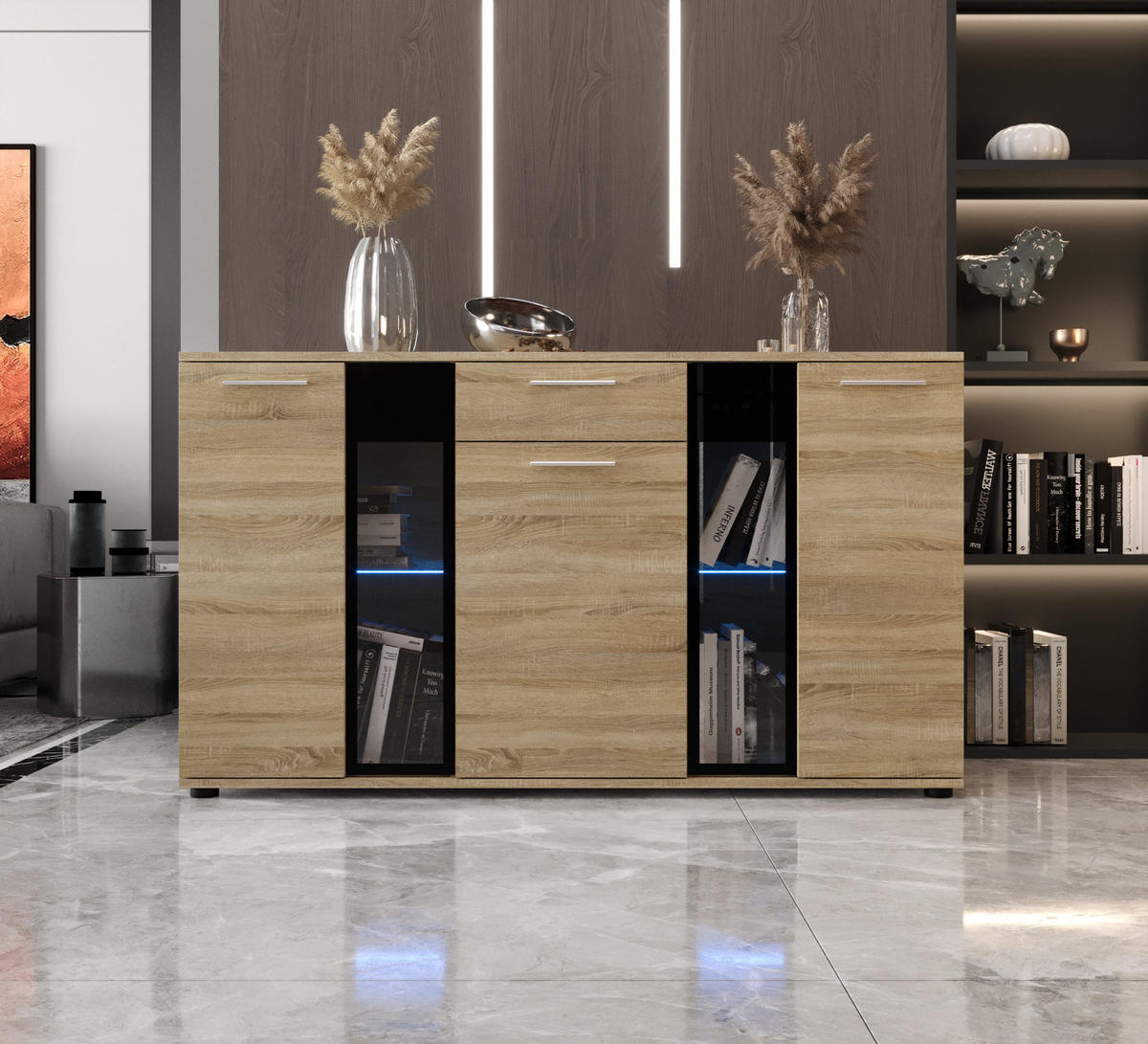 KOMMODE London LSK mit 3 Türen, Sideboard in Farbe: Hellbraun, Größe: 140 x 80 x 40 cm - Hellbraun, Holzwerkstoff (140/80/40cm) - O-Sofa