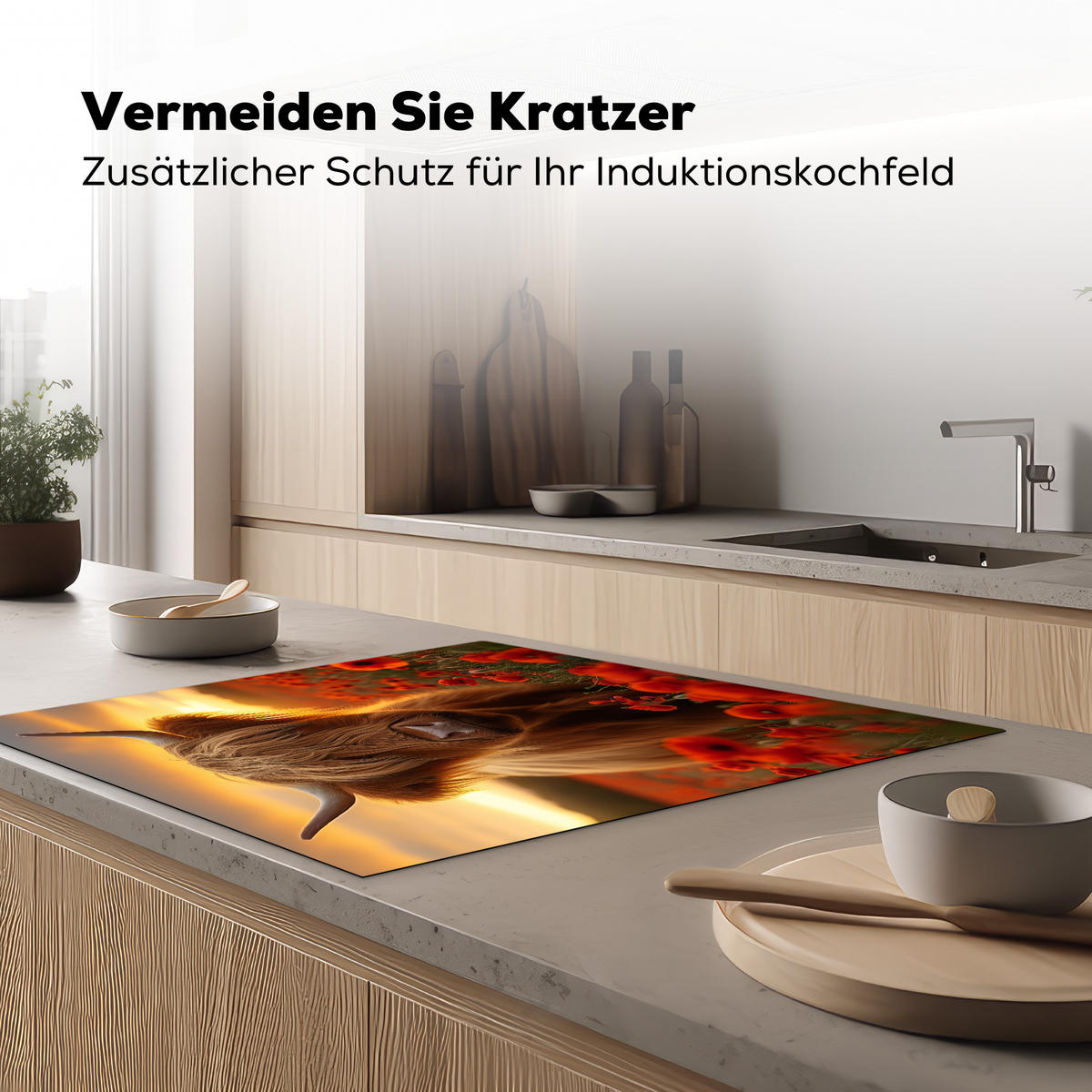 HERDABDECKPLATTE Schottische Highlander - Rosen - Blumenfeld - Sonnenuntergang Induktionsmatte 78x78 cm - Rotbraun, Kunststoff (78/78/0.2cm) - MuchoWow