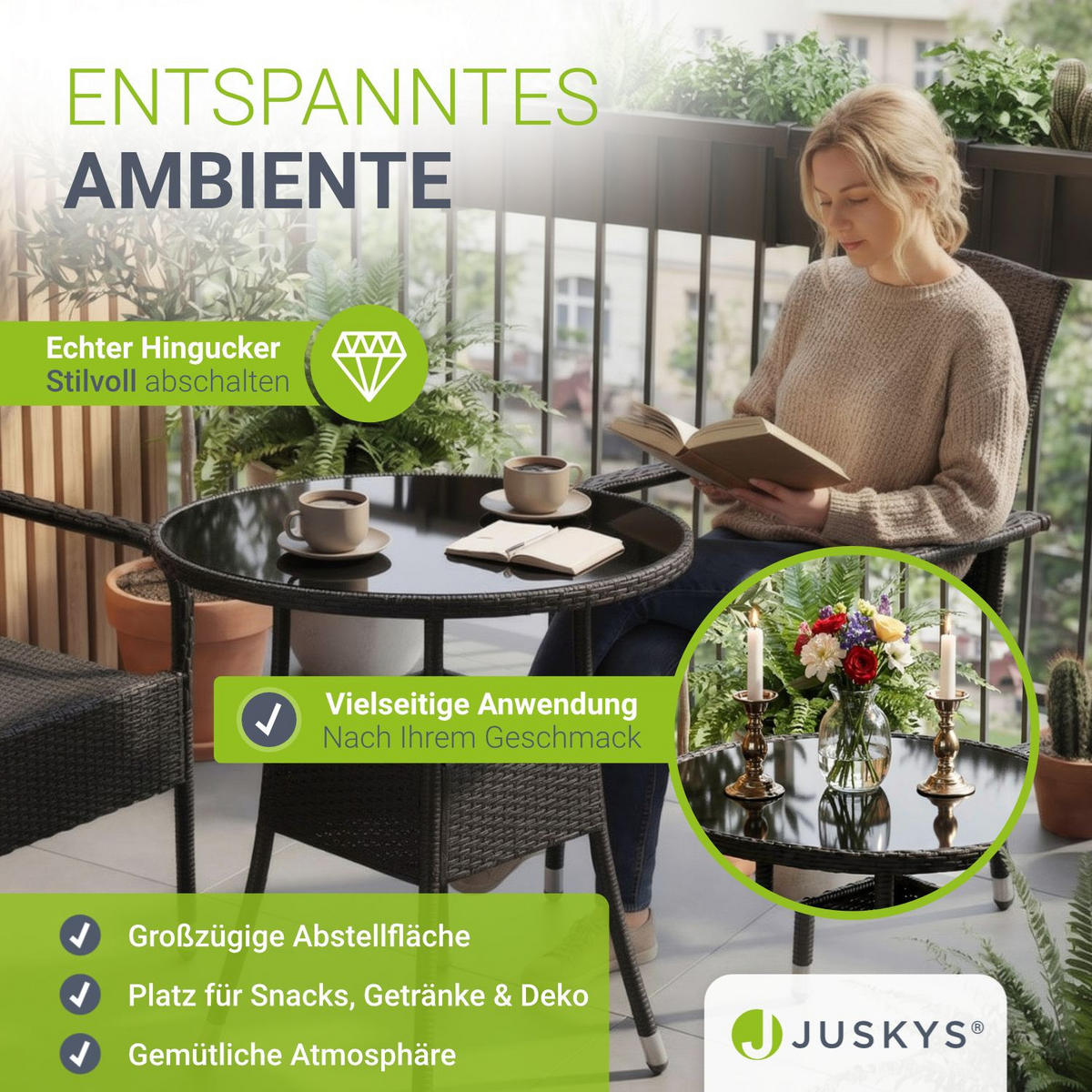 GARTENTISCH Yoro schwarz 80 cm - Schwarz, Kunststoff (80/80/73cm) - Juskys
