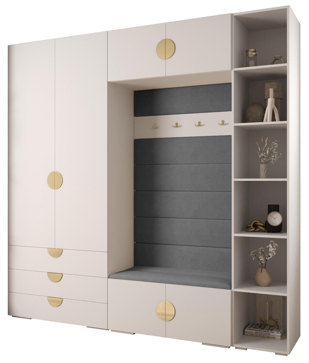 Abiks Möbel Garderoben-Set Weiß, Grau, Gold 240x236.7x47 cm