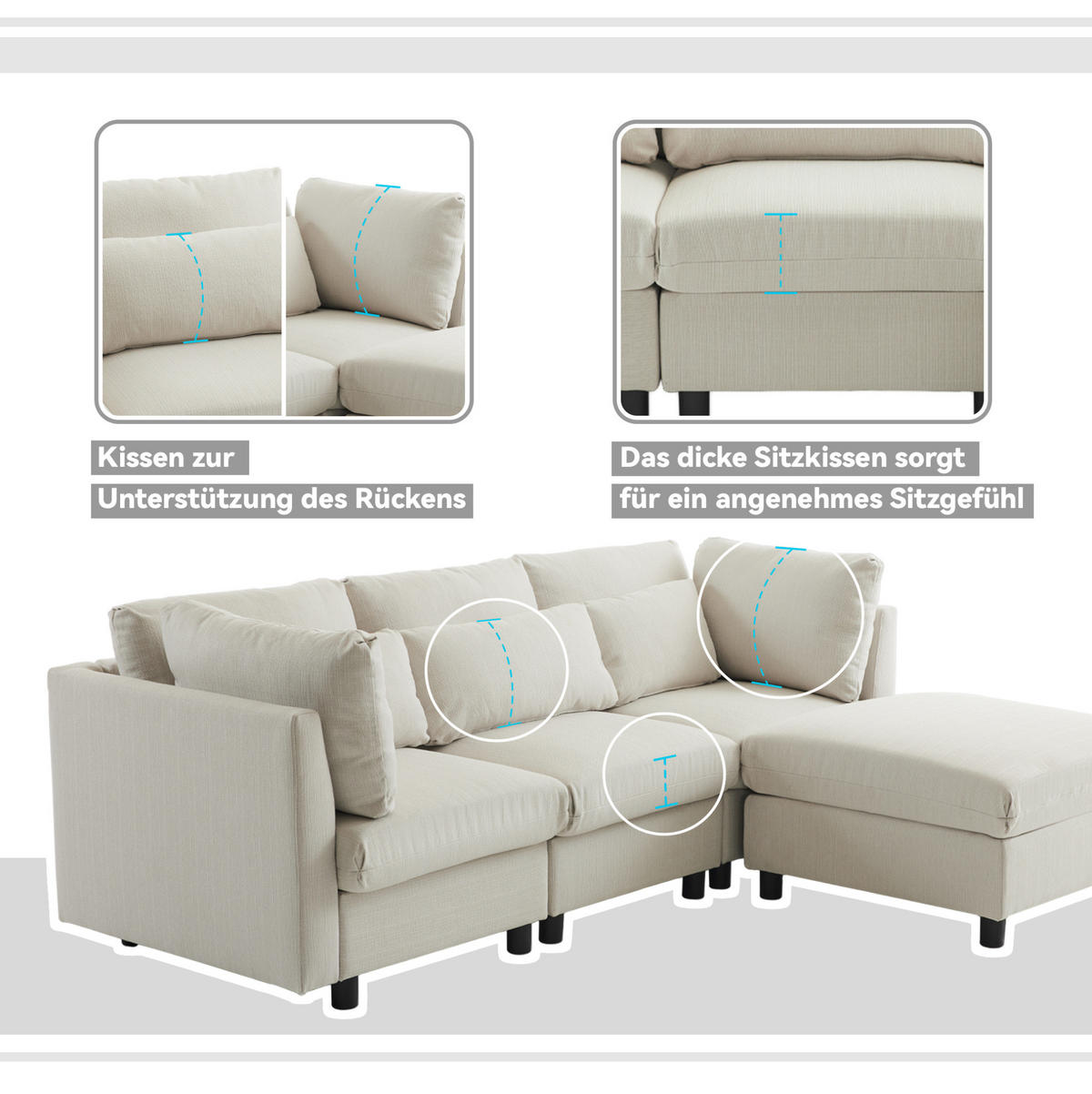ECKSOFA 220/83/81 cm beige aus Leinen mit Fußhocker - Beige, Textil (83/220cm) - OKWISH