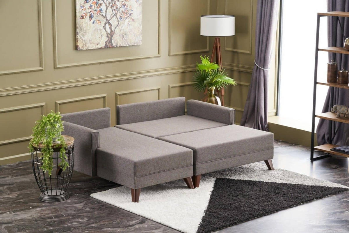 ECKSOFA mit Hocker als Schlaffläche, perfekt für kleine Räume - Taupe/Walnussfarben, Holz/Kunststoff (205/140cm) - myHomelando