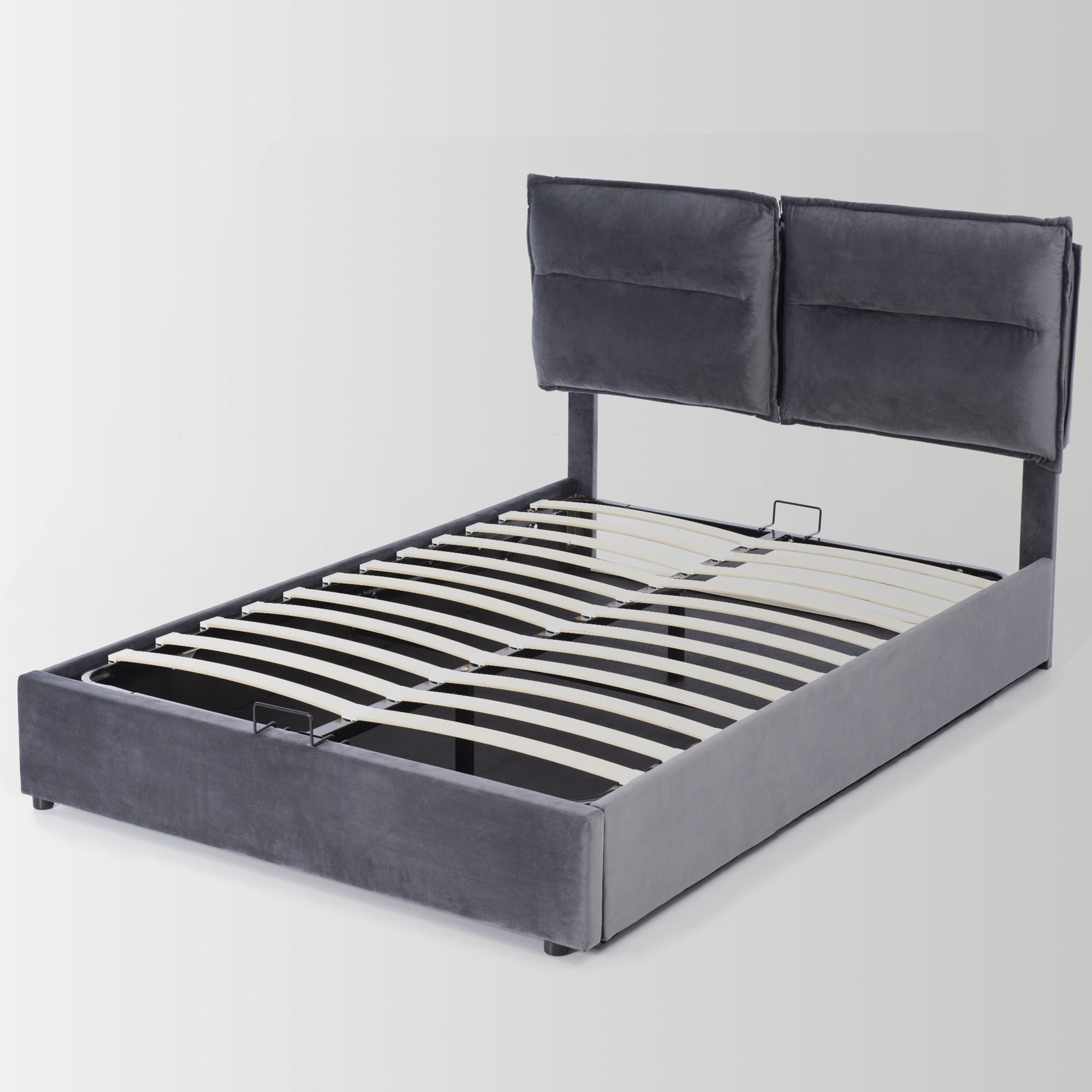 POLSTERBETT 140/200 cm mit verstellbarem Kopfteil, hydraulischem Bettkasten und Matratze, Grau - Grau, Textil - Redom