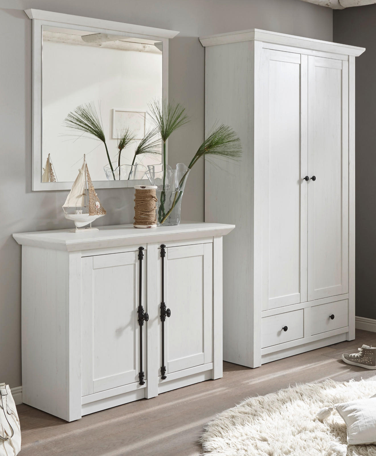 GARDEROBE Pinie weiß Set 3-teilig 220 cm, Komplettset Landhaus - Schwarz/Weiß, Glas/Holzwerkstoff (220/206/45cm) - Furn.Design