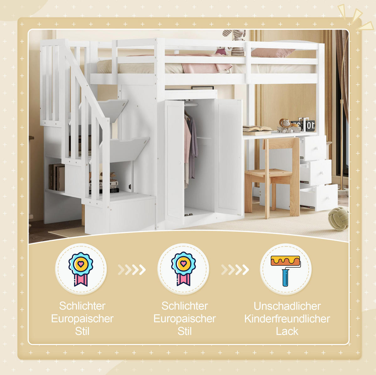 HOCHBETT 90/200 cm mit Schreibtisch, Kleiderschrank, Schubladen, Stauraumtreppe und Lattenrost aus Kiefer , Weiß - Weiß, Holzwerkstoff (90/200cm) - Redom