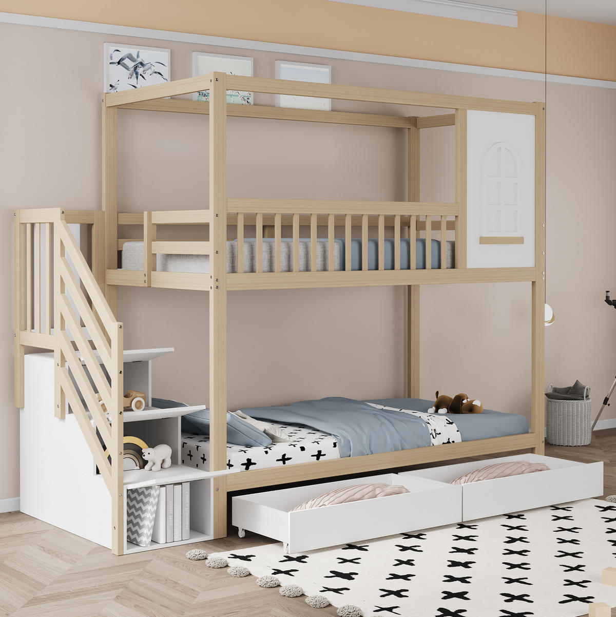 ETAGENBETT aus Massivholz 90x200 cm in Natur mit Schubladen & Sicherheitsleiter - Naturfarben, Holz (90/200cm) - Modfu