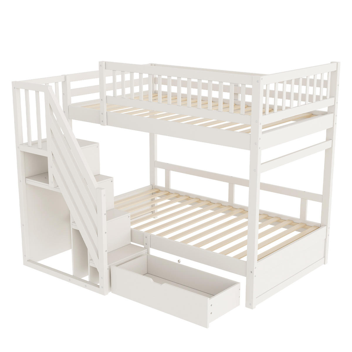 ETAGENBETT 90/200 cm Weiß aus Massivholz mit Sicherheitsgitter und Stauraum - Weiß, Holzwerkstoff (90/200cm) - OKWISH