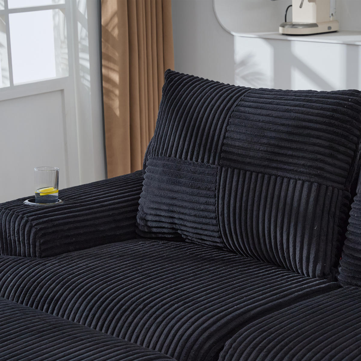 2-SITZER-SOFA aus Cord 200x174x80 cm mit Cupholder & Seitentasche, schwarz - Schwarz, Textil (174/80/200cm)
