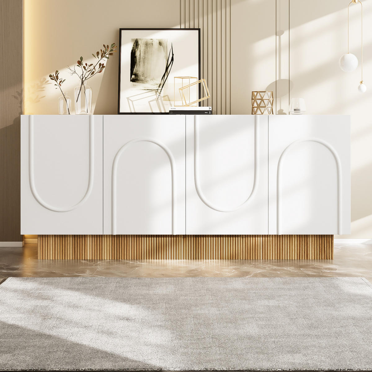 KOMMODE 160/38/75 cm aus Spanplatte mit 4 Türen und U-Relief Weiß/Holzfarben - Weiß, Holzwerkstoff (160/75/38cm) - Modenvie