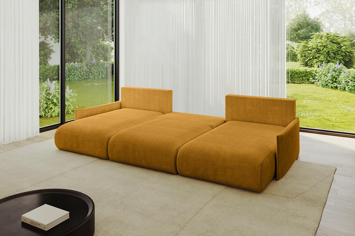 WOHNLANDSCHAFT mit Schlaffunktion und Bettkasten ONESK-U-v1 304x165x40 Senfgelb Cord - Currygelb, Holzwerkstoff/Kunststoff (304/90/165cm) - ALTDECOR