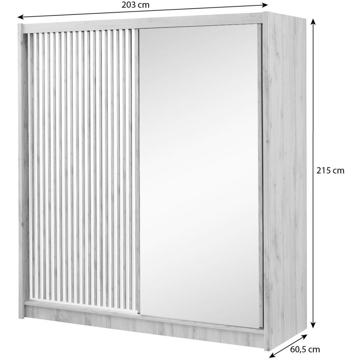 SCHWEBETÜRENSCHRANK Leroy mit Spiegel und Lamellen, 203 cm, Schwarz+eiche Wotan - Eiche Wotan/Schwarz, Holzwerkstoff (203/215/60.5cm) - Beautysofa