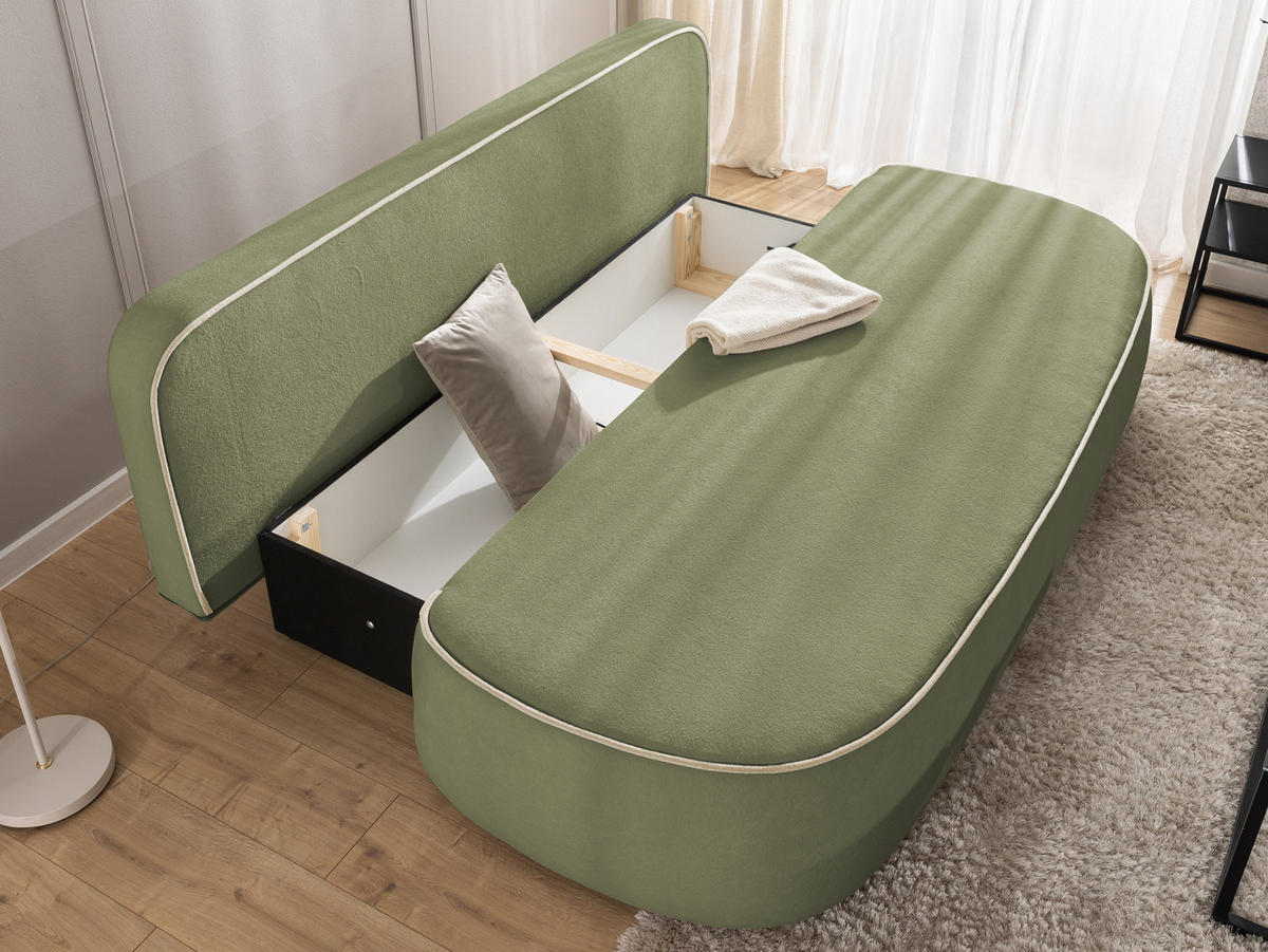 SCHLAFSOFA Vero im modernen und abgerundeten Design mit Bettkasten aus Olivgrün Plüschstoff mit beiger Paspel - Schwarz/Olivgrün, Holz/Kunststoff (210/90/98cm) - S-Style Möbel